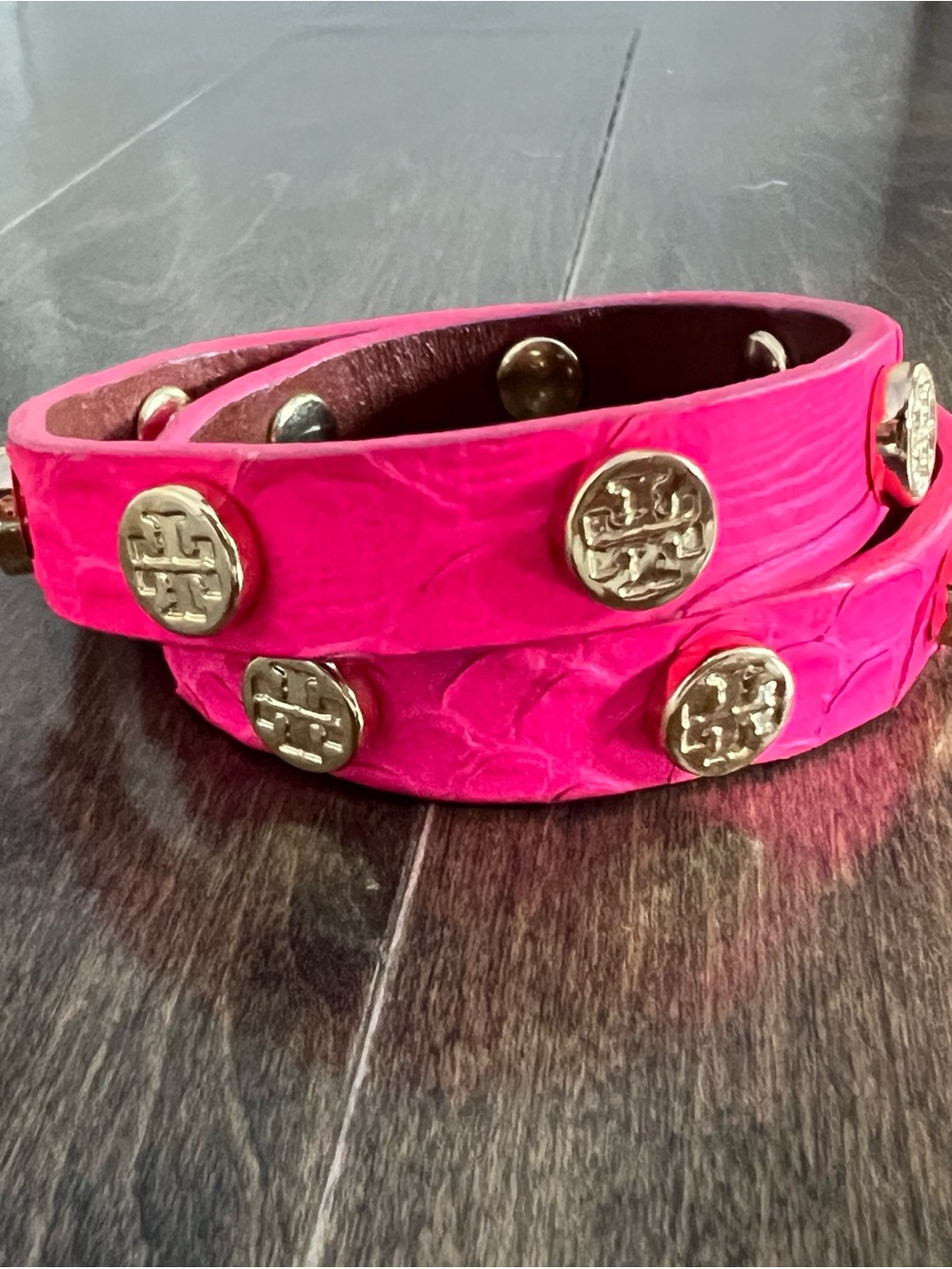 Tory Burch Hot Pink Leather Double Wrap Bracelet with Gold Logo Studs
